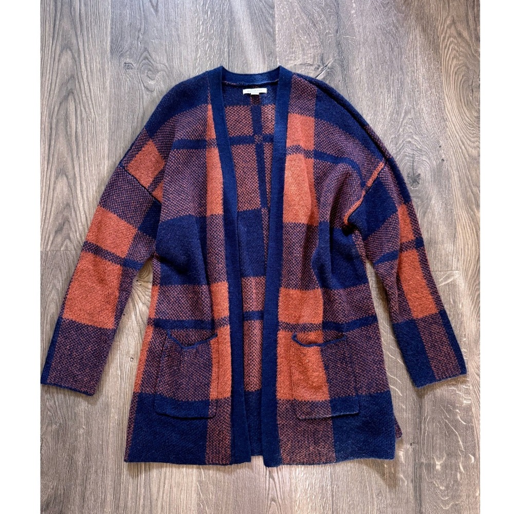 American Eagle Plaid Cardigan Sweater S Navy Blue Rust Orange Wool Blend NWOT